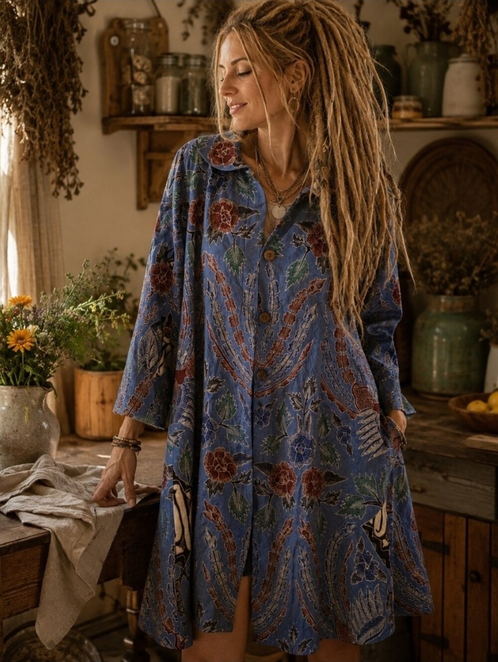 Presidential Shirt Batik Dress Women Blue Floral Bird Print Button Front Boho